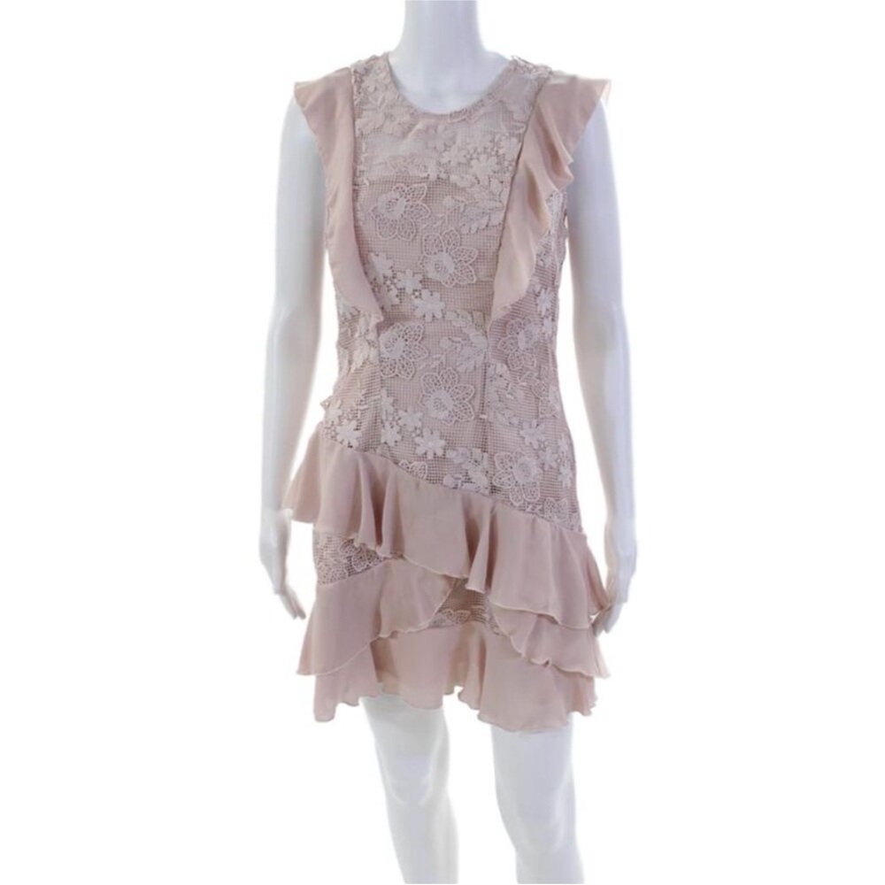 Parker Womens Floral Crochet Short Sleeves Ruffled A Line Dress Pink Size 8
